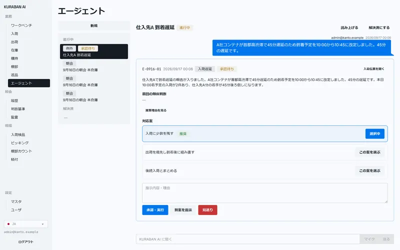 クラバンAIのエージェント画面。仕入先の到着が45分遅延した報告に対し、AIが「入荷に少数を残す」などの対応案を提示し、担当者が承認・実行する画面。