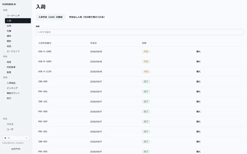 クラバンAIの入荷一覧画面。入荷予定番号・予定日・状態を一覧で確認できる。
